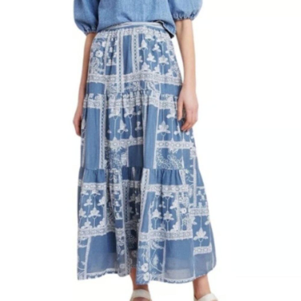 Anthropologie Maeve Ariadne Embroidered Chambray Maxi Skirt M
